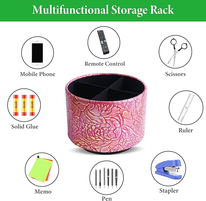 Round Leather Art Supply Organizer,Remote Control Holder,360 Degree Spinning,Multi-Functional Pencil Holder,4 Compartments Desktop Stationary Organizer(1-Rich Flower Pink)