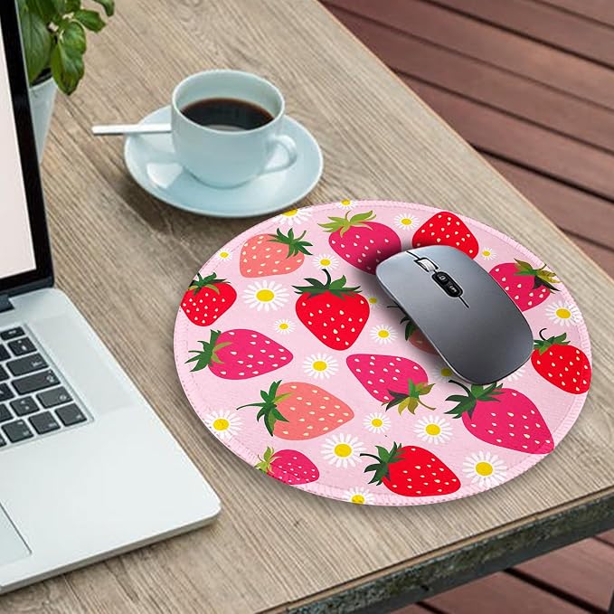 Gctriki Strawberry Mouse Pad, with Stitched Edge Non-Slip Rubber Base, Small Round Comfortable Computer Mousepad for Laptop Gaming Work, Pink Office Desk Accessories for Her