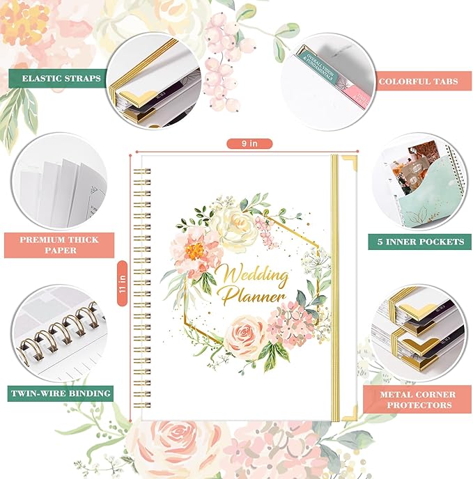 Wedding Planner Book and Organizer - Wedding Planner, Wedding Planners for Bride with 5 Tabbed Sections, 9" x 11.9", Countdown Calendar, Metal Corner, 5 Inner Pockets, Elastic Closure - Floral