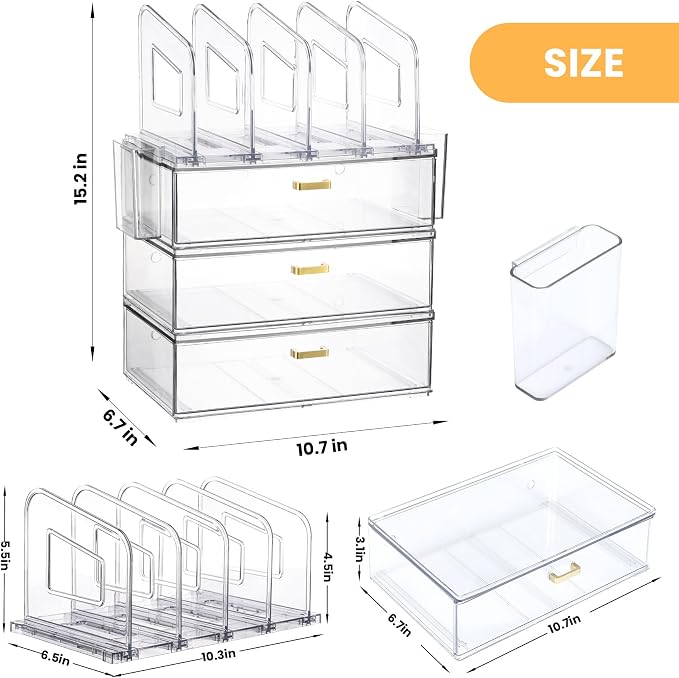 LALOBLUE Acrylic Desk Organizer with 4-Vertical File Holder Rack, 3-Clear Drawer and 2 Pen Holders, Desktop Storage for Office Desk Accessories School Classroom Organization (Clear)
