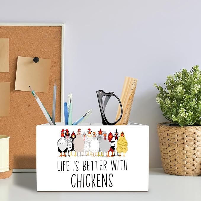Funny Farm Chicken Pen Holder for Desk, Chicken Lover Mom Lady Gifts Pencil Organizer, Life is Better with Chickens Wooden Box Sign Desk Decor for Home Office Decoration