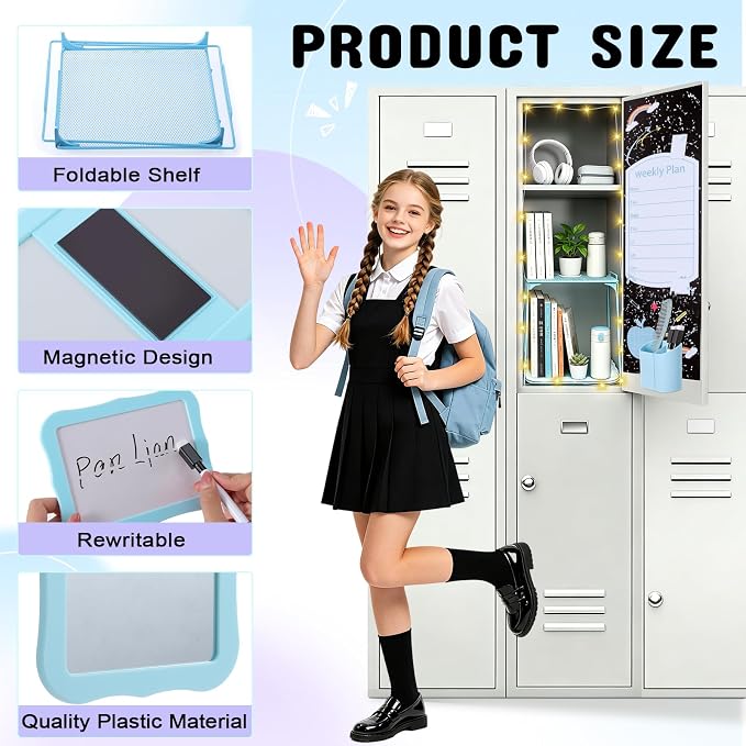 16 Pcs Locker Accessories Kit, School Locker Organizer Set with Shelf, Magnetic Mirror, Pen Holder, Whiteboard Marker, Plush Rug and Wall Decals (Blue)