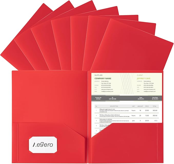 Aegero Plastic Folders with Pockets (7 Pack, Red), Durable Heavy Duty File Folders with Business Card Slot, 2-Pocket Folder for Schoolwork & Office,Letter Size