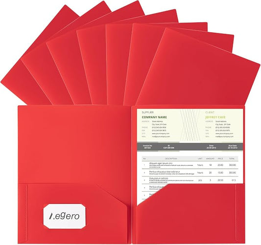 Aegero Plastic Folders with Pockets (7 Pack, Red), Durable Heavy Duty File Folders with Business Card Slot, 2-Pocket Folder for Schoolwork & Office,Letter Size