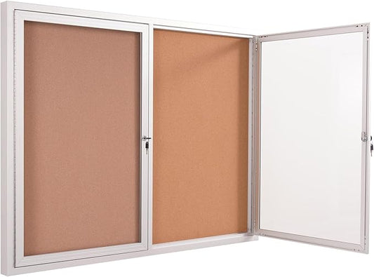 48x36 Inch Lockable Enclosed Bulletin Board, Weather-Resistant Outdoor Noticeboard with 2 Locking Doors, Wall-Mounted Silver Aluminum Frame & Cork Presentation Board