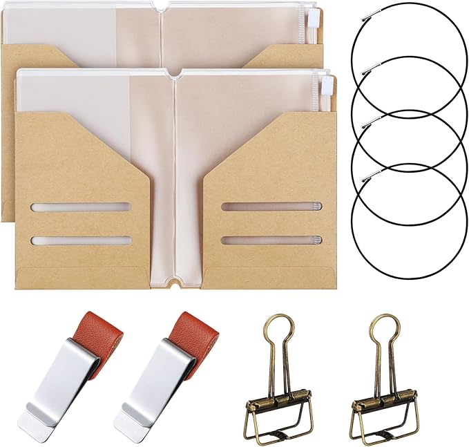 Travelers Journal Notebook Accessories Kit Include Travel Kraft File Folder, Zipper Case, Pen Holder, Binder Clip and Elastic Bands Travel Accessories Supplies(2 Pack,Passport Size)