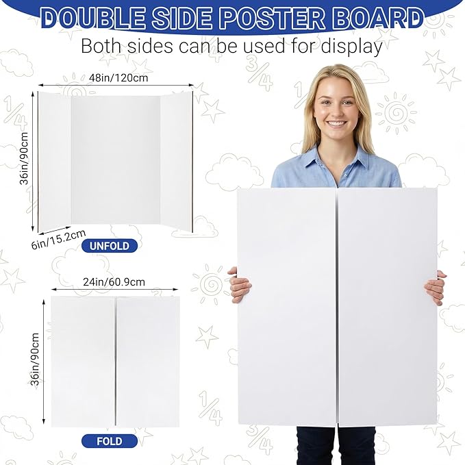 Large Trifold Poster Board, 2 Pack 36" x 48" White Corrugated Project Boards - Science Fair Display Posterboard for School Projects, Science Fairs, Event Displays, and Business Presentations