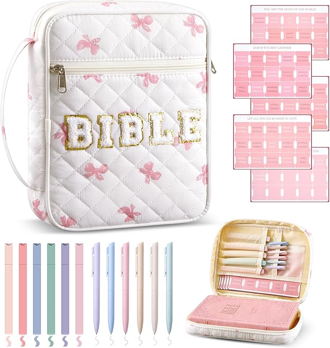 Sinload Quilted Bible Cover Case for Women Large Carrying Bag with Organizer Tabs 6 Colored Pens 6 Highlighters Book Tote Bags with Handle Bible Carry Supplies Christian Gifts(Cute Bow)
