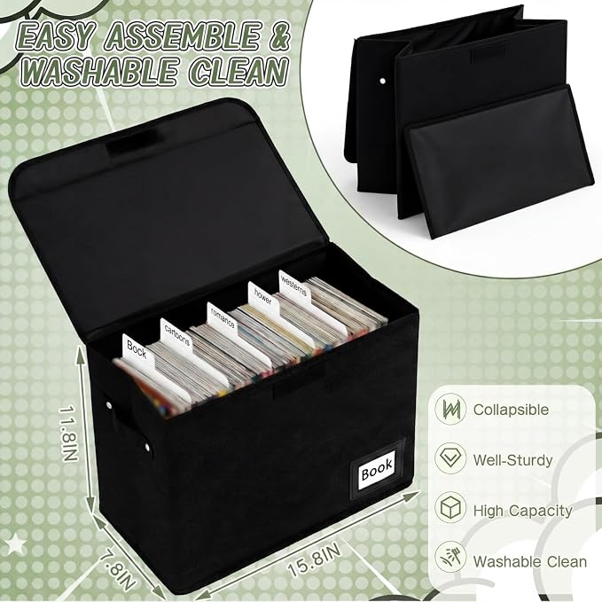 Comic Book Storage Kit with Storage Box, 25 Pack Dividers, 100 Pcs Current Bags and 100 Pcs Boards, Holds 160-180 Comic Book Collapsible Organizer with Handles, Heavy Duty Bin Container Holder Shelf
