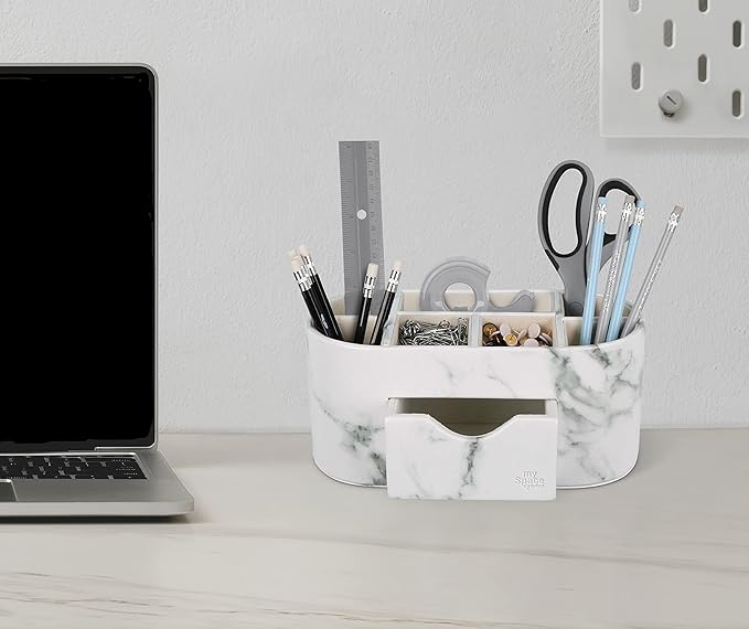 My Space Organizers Marble Desk Organizer For Office Supplies Desk Accessories - Pencil Pen Holder Decor - Home School College Organization Desktop Caddy - Faux Leather