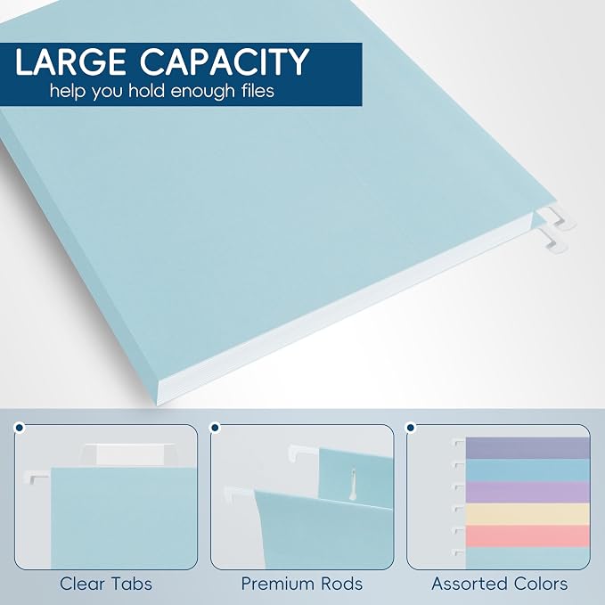 Light Blue Hanging File Folders,25 Pack Letter Size File Folders with 1/5-cut Tabs,Office Essentials for Filing Cabinet & Desk Storage