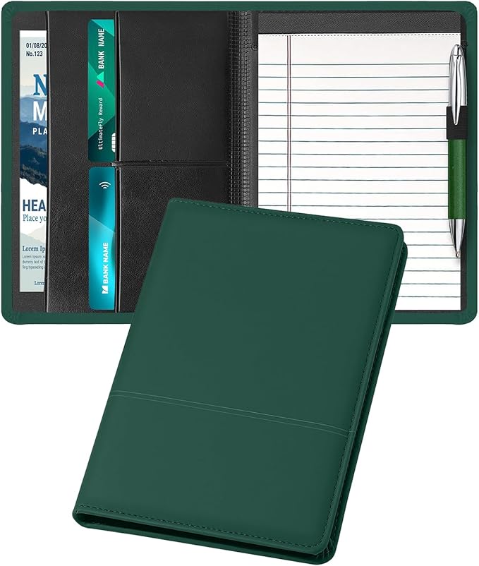 Padfolio/Portfolio Binder, Mini Padfolio Portfolio Binder 5 x 8 Legal Writing Pad, A5 Document Organizer Folder for Men Women,Dark Green.