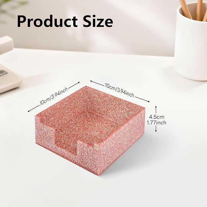 Light Pink Sparkling Sticky Note Holder, Glitter Acrylic Organizer, 3.94 x 3.94 in Multi-Use Tray for Office, School & Home Desk