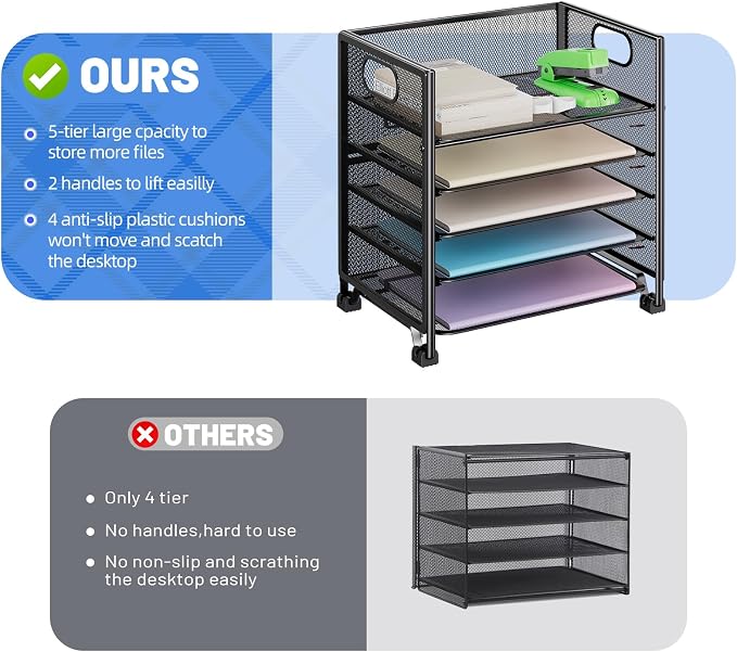 Simple Trending 6-Tier Letter Tray Organizer, Metal Mesh File Holder, Black | 6-Tier Large Capacity Paper Organizer | Metal Mesh | Non-Slip Feet | Tool-Free Assembly | 24H Support | Black for Office