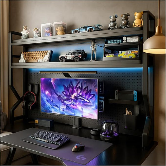 Desktop Hutch Bookshelf,Many Gifts,Metal Desktop Bookcase with pegboard, Desk Shelf Black, Countertop Storage Organizer Rack for Dorm or Office,Desktop Shelves(Black, 45.3" Lx9.9 Wx39 H)