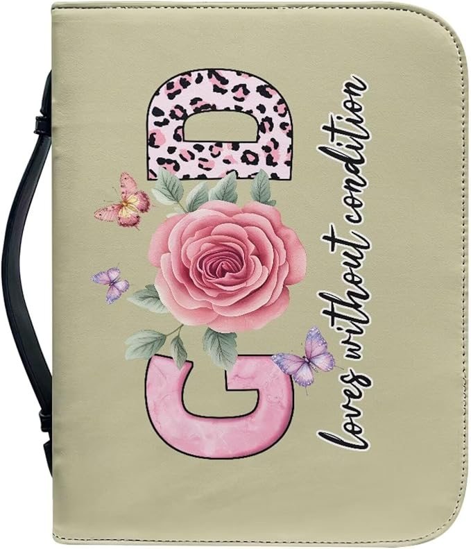 Bible Cover with Handles,God Flower Print Bible Cover for Women Bible Case with Zippered Pocket Catholic Church Gift for Women Fits Bibles Measuring-Size M
