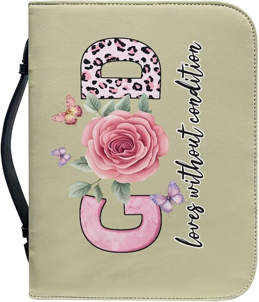 Bible Cover with Handles,God Flower Print Bible Cover for Women Bible Case with Zippered Pocket Catholic Church Gift for Women Fits Bibles Measuring-Size L