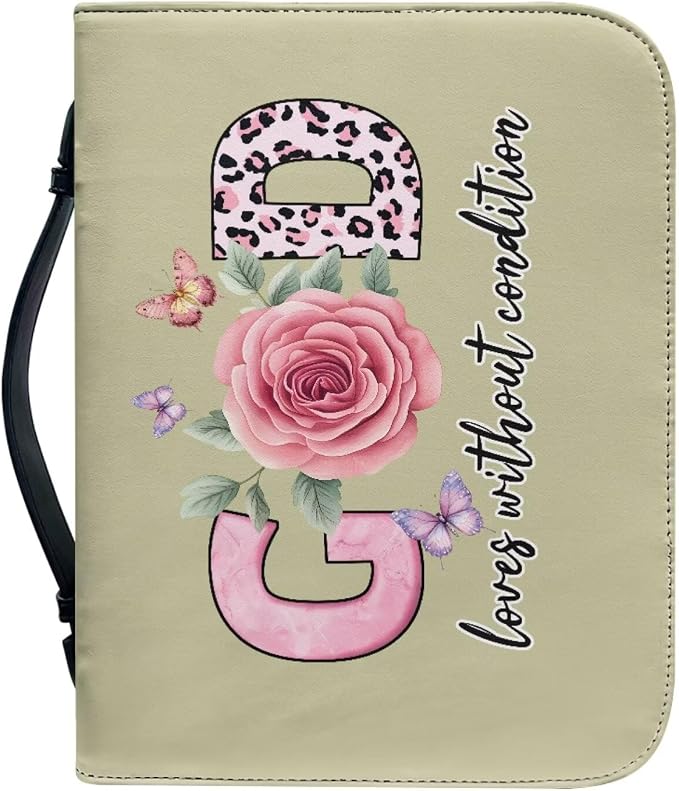 Bible Cover with Handles,God Flower Print Bible Cover for Women Bible Case with Zippered Pocket Catholic Church Gift for Women Fits Bibles Measuring-Size XL