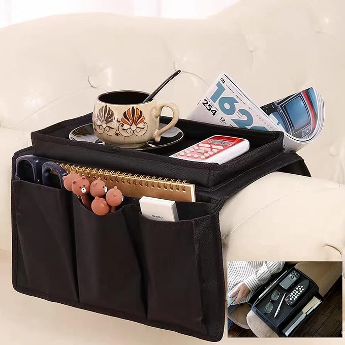 Sofa Armrest Organizer with Cup Holder No-Slip Couch Sofa Armrest Organiser Couch Remote Caddy Control Holder with 1 Large Pockets and 3 Small Pockets for Smart Phone Magazines Ipad Drinks (Black)