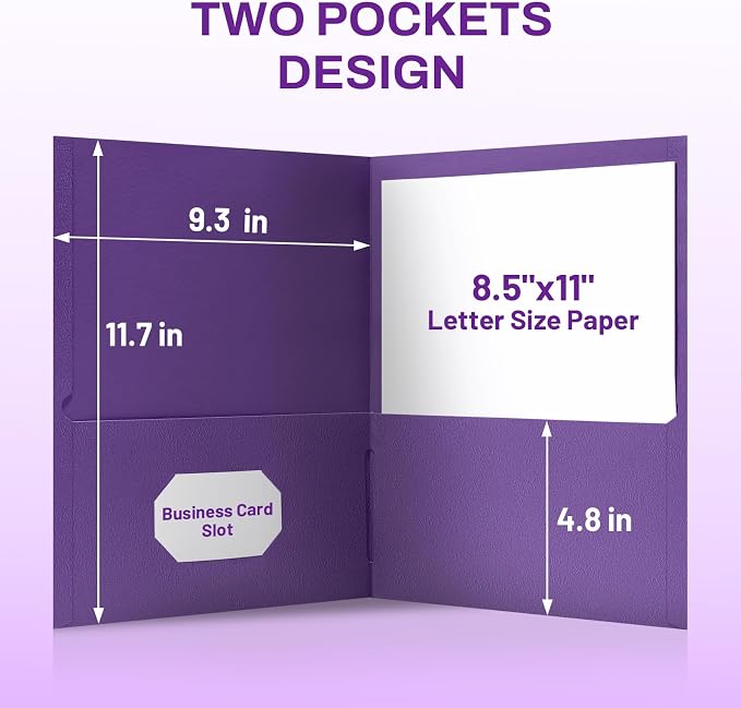 SUNEE Folders with Pockets, 50 Pack File Folders with Business Card Slot, Textured Paper, Fit Letter Size Paper, Paper File Folder for School Office Home Business, Purple