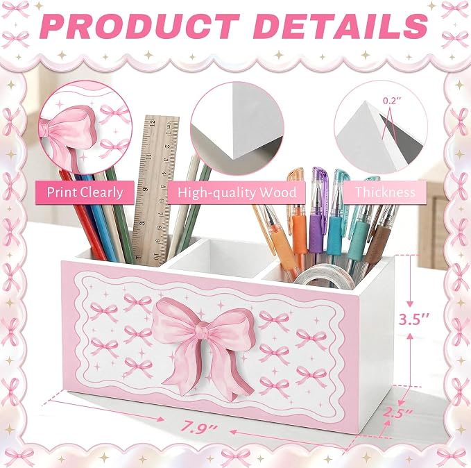 Pink Bow Pen Pencil Holder for Office Desk Pink Bow Office Decor Wooden Coquette Organizer Desktop Decor Gift for Girls Cute Makeup Brush Toothbrush Holder for Bathroom Desk Accessories
