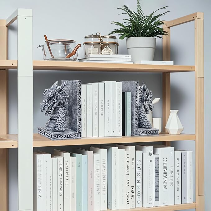 Dragon Bookends for Shelves Set of 2 - Heavy Book Ends Book Supports for Shelves - 4.15 "x 3.25 "x7 Unique Dragon Design Grey（10 Inch