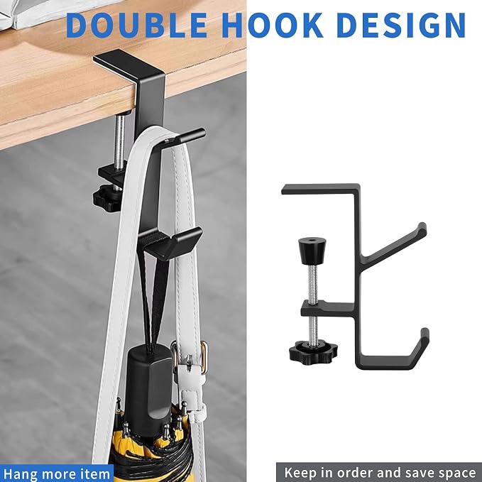Plus tard 2Pcs Desk Hook, Purse Hook for Desk Adjustable Bag Holder for Table, Hooks for Backpacks Under Counter Table Hanging Storage, Workspace Organizer Holder