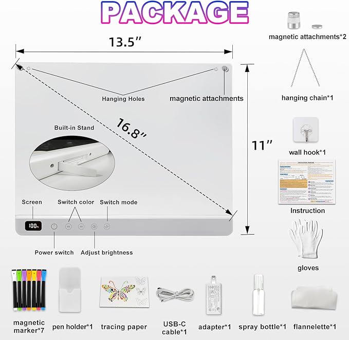 Cosmody Rechargeable LED Drawing Board for Kids, Large 16" Light Up Drawing Pad with 8 RGB Colors & 6 Dynamic Modes, Neon Art Dry Erase Board with Tracing Book & 7 Markers,Creative Gift for Girls Boys