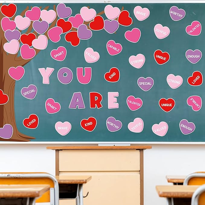 JarThenaAMCS 61Pcs Valentine Classroom Tree Bulletin Board Decorations Red Pink Purple Conversation Heart Cutouts for Classroom School Office Chalkboard Wall Decor