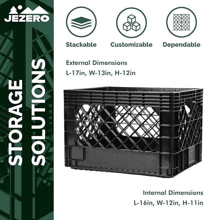 JEZERO 20 Quart Heavy Duty Plastic Crate | Stackable Multi-Purpose Storage Bin for Garage, Home, Office, Groceries, Outdoor, Camping & Kayaking | Black Utility Tote, 17" x 13" x 11"