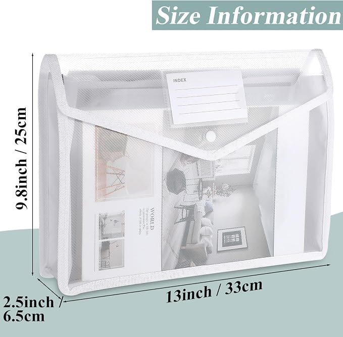 10 Pieces Plastic File Folders Envelope Expanding File Wallet Organizer Documents Folder with Snap Closure and Pocket, A4 Size Waterproof Transparent Pouch(White,Horizontal)