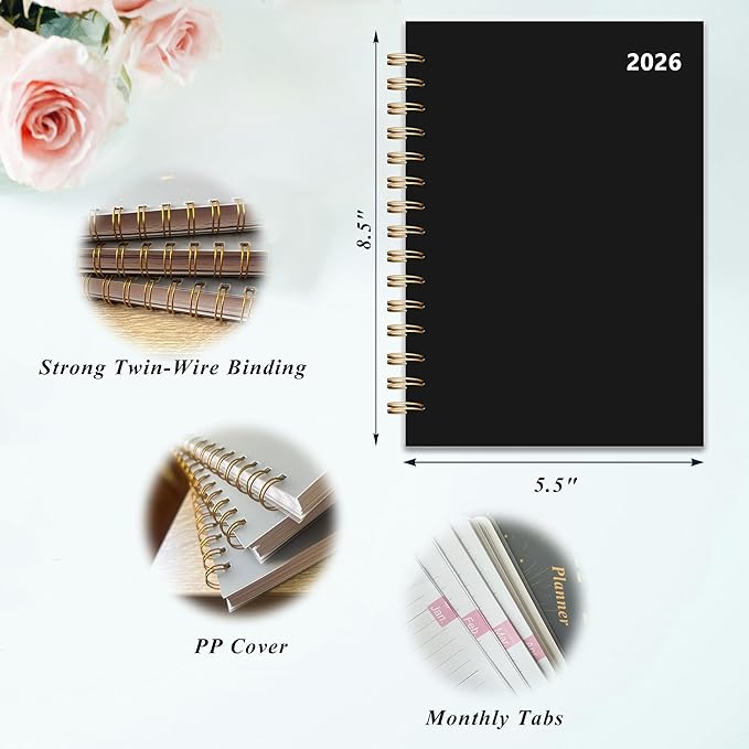 2026 Weekly and Monthly Planner, From January 2026 to December 2026, 5.5" x 8.5" Daily Planner for Productivity, Goal Setting & Time Management, Organizer for Work & School - Black Hard Cover