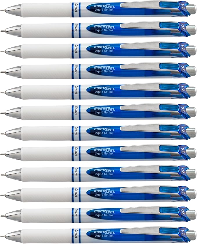 Pentel EnerGel RTX Pearl Retractable Liquid Gel Pen, (0.7mm) Medium Line, Needle Tip, Blue Ink, 12 pack (BLN77PW-C)