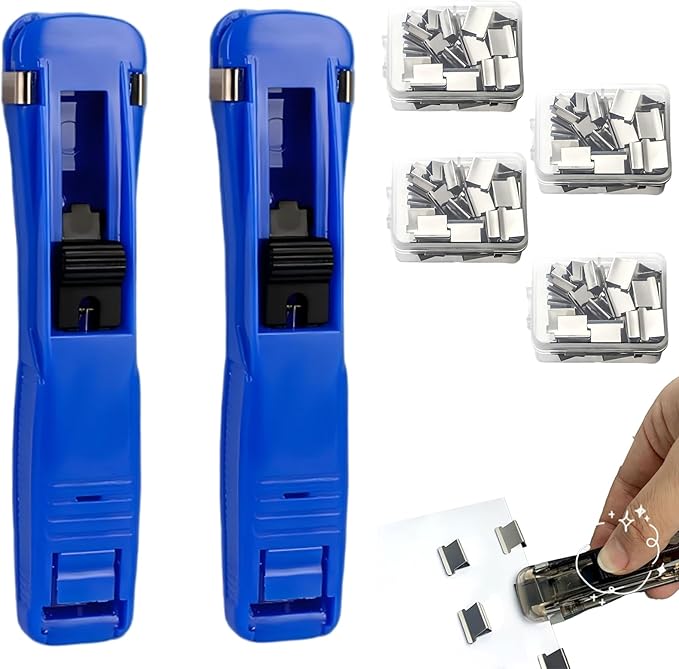 2 Pack Portable Binder Clip Stapler - Damage-Free Paper Clam Clip Dispenser with 200 Reusable Metal Clips, One-Hand Push Fastener Holds 40 Sheets for Office, School & Desk Organization, (Blue)