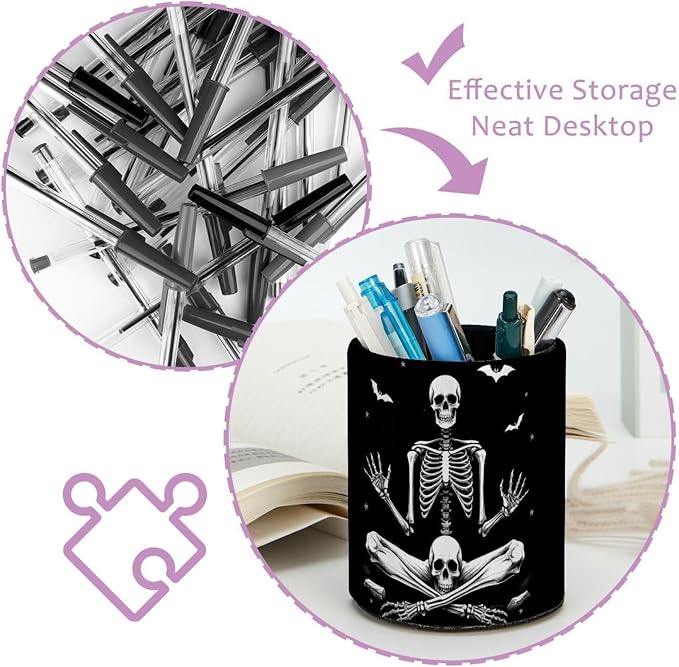 Funny Skeleton Pen Holder Pencil Organizer Cute Pencil Cup Desk Decor Makeup Brush Holder PU Multifunctional Office Supplies for Home Classroom School