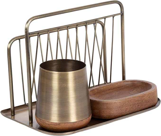 Kate and Laurel Koni Modern Three-Piece Home Office Organization Set; 13 x 8 x 9; Walnut Brown and Antique Brass; Wood and Metal Organizational Set for Office with File Folder Holder