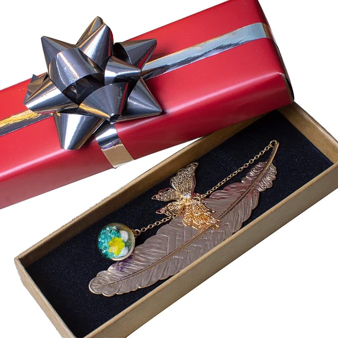 Teacher Appreciation Gifts for Women - Metal Feather Bookmark with 3D Butterfly Charm – Mother’s Day Gifts for Mom, Thank You Gifts, Book Lover Gift Under 10 Dollars, Gift Box Included