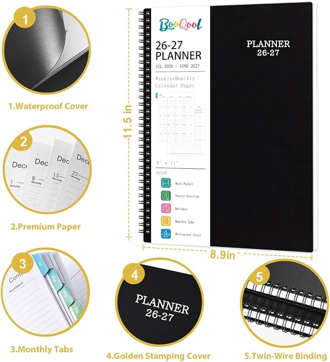 Planner 2026-2027 - Jul 2026 - Jun 2027, 9" x 11" Academic Planner, Weekly Monthly Planner 2026-2027, Twin-Wire Binding, Colorful Monthly Tabs, Enterprise