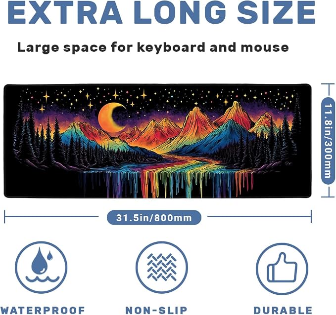 Cosmic Valley Gaming Mouse Pad Large Desk Mat Rainbow River Neon Mountain Night Mousepads Computer Keyboard Pad Mouse Mat Laptop Mat 31.5 x 11.8 Mouse Pads for Desk Home Office Gaming