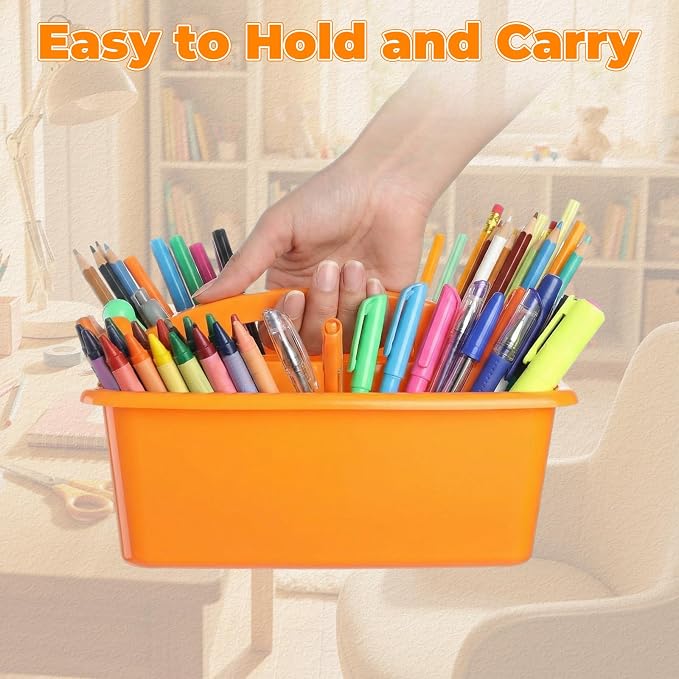 Kathfly 12 Pack Classroom Caddy Organizer with Handle, Plastic Art Craft Cleaning Caddy Bulk, Small Multipurpose Supply Organization Storage Basket for Table Desk Office Pencil Teacher (Blue Orange)