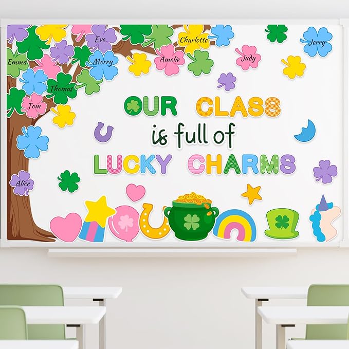 JarThenaAMCS St. Patrick' s Day Bulletin Board Set Lucky Charms Tree Classroom Decorations Shamrock Irish Clover Gold Coin Unicorn Paper Cutouts for School Classroom Chalkboard Wall Decor Supplies