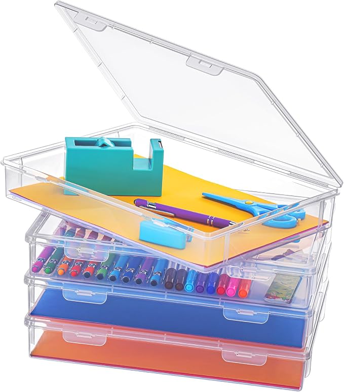 Wesiti 4 Pcs A4 Scrapbook Paper Storage Box Arts Craft Organizers Storage for 8.5 x 11 Inch Letter Paper Photo Picture Storage Plastic Storage Box Documents Magazines Holder, 12.8 x 9.25 x 1.97 Inch
