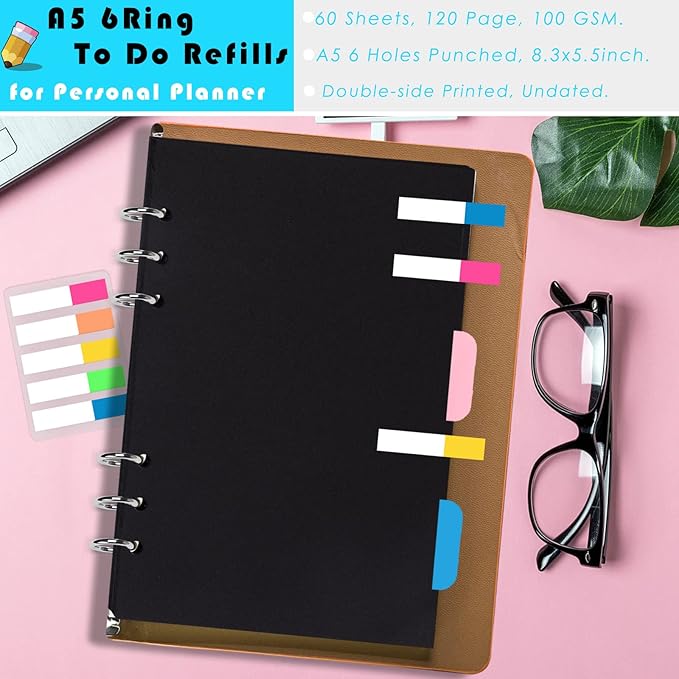 Rancco A5 Planner Inserts 6 Rings Planner Refills Set, 60 Sheet Black Blank To Do List Loose Leaf Paper w/Zipper Pouch, Binder Dividers, Ruler, Index Tab for Journal, Double-sided, Undated, 8.3x5.6in