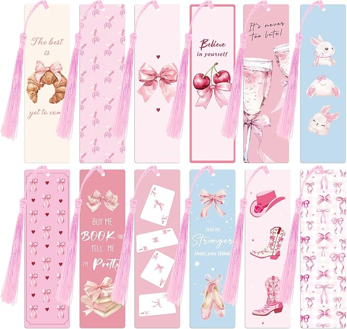 12PCS Pink Bow Bookmarks, Paper Bookmark with Tassels, Pink Bookmarks for Book Lovers Gifts, Double-Sided Colorful Cute Book Marks for Women, Book Accessories, Classroom Reading Supplies