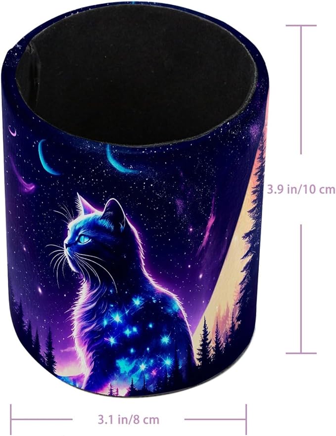 Fantasy Purple Starry Sky Cat Pen Holder Pencil Organizer Cute Pencil Cup Desk Decor Makeup Brush Holder PU Multifunctional Office Supplies for Home Classroom School