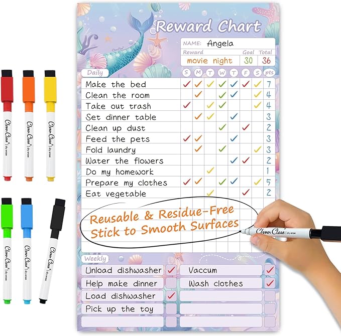 Clever Clean Dry Erase Chore Chart for Kids, Reusable Reward Chart, Non-Magnetic Kids Chore Board Clings to Any Smooth Surfaces, 6 Dry Erase Markers Included (Mermaid)