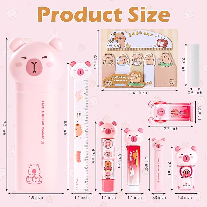 9 Pcs Cute Capybara Stationary Set Kawaii School Supplies Japanese Stationery, Includes Pencil Sharpener, Eraser, Correction Tape, Glue Tape, Sticky Notes, Ruler, Scissors for Office School Supplies