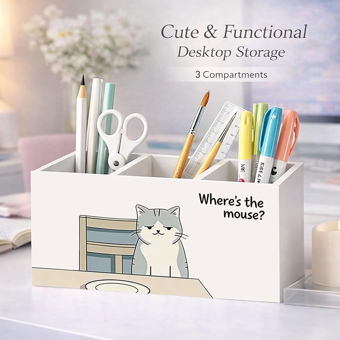 Funny Cat Pen Holder, Desk Organizer, “Where’s the Mouse?” Cute Cat Desk Storage for Pens, Pencils, Markers, Scissors – Great Gift for Kids, Cat Lovers, Students, Teachers