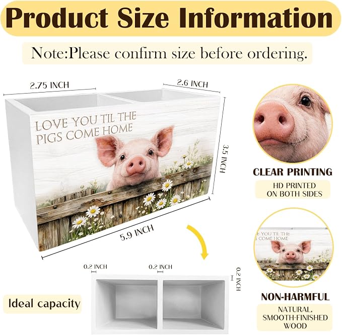 Farmhouse Daisy Floral Pig Pen Holder for Desk, Pig Lover Gifts Pencil Organizer, Love You Til the Pigs Come Home Wooden Box Sign Desk Decor for Kids Girls Room Nursery Decoration