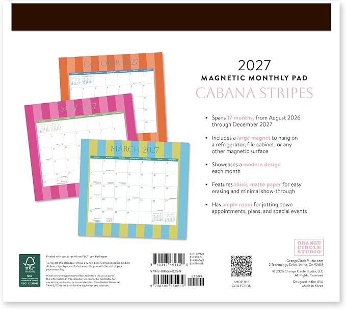 Orange Circle Studio 2027 Cabana Stripes Magnetic Monthly Calendar Pad, 17-Month Stripe Design Calendar for Office Desk & Refrigerator, Wall Planner, 9.6" x 8.5", Tear-Off Pages, Thick Paper Family Organizer